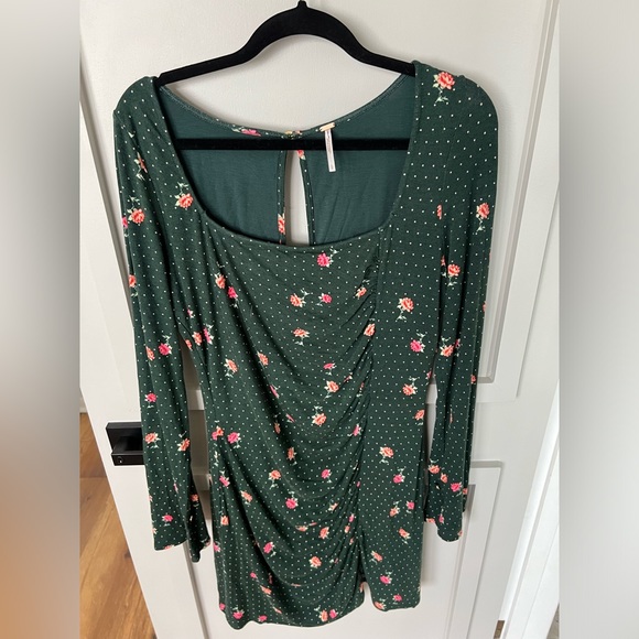 FREE PEOPLE 🆕Celia mini dress green pink floral long sleeves large - Picture 8 of 15